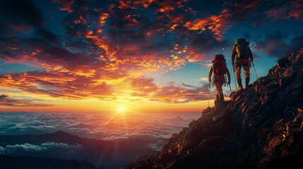 Obraz premium Two hikers stand on a mountain peak, silhouetted against a vibrant orange sunset, overlooking a sea of clouds. AI generative. .