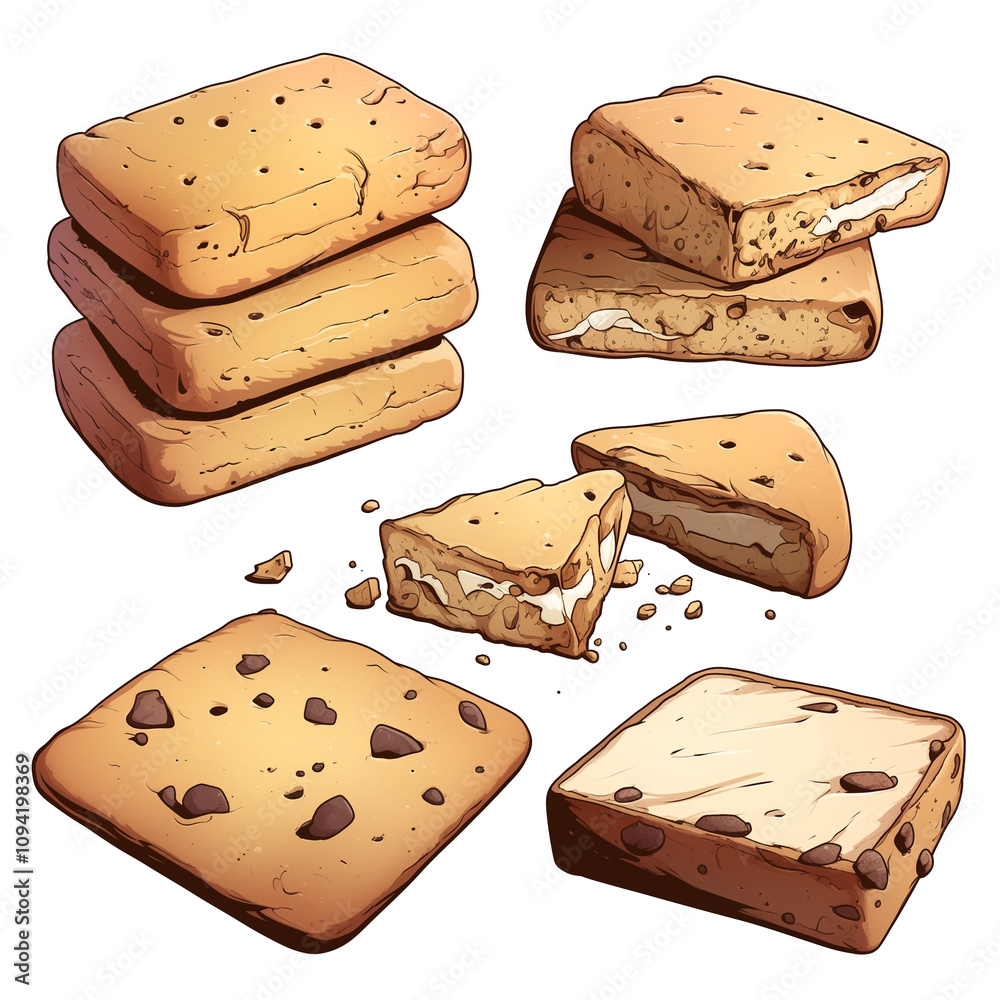 Poster Assorted shortbread cookies with chocolate chips and nuts on white background. cookies are arranged in stacks and pieces, showcasing their crumbly texture and delicious appearance