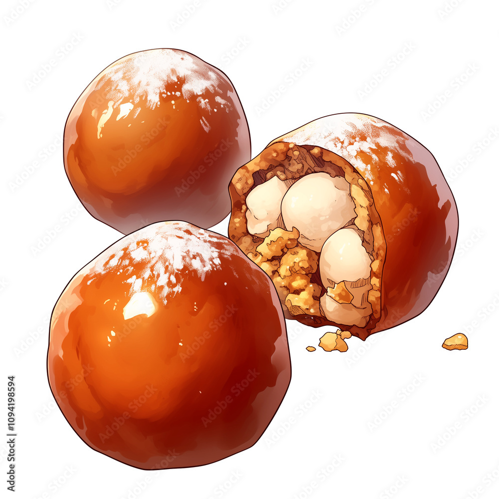Poster three snowball cookies with powdered sugar coating are displayed, one of which is cut open to reveal