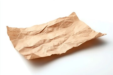 Crumpled Brown Paper Sheet Isolated on White Background for Food Advertisement and Minimalist Design