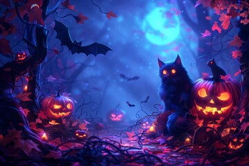 A black cat sits beside a glowing jack-o'-lantern in a dark forest. AI generative. .