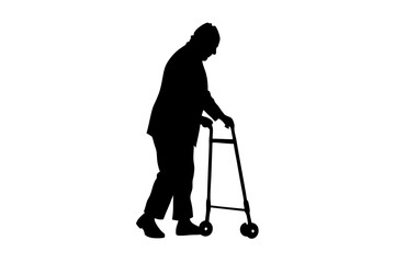 Elderly Patient with a Walker Silhouette Vector Illustration - Senior Care and Mobility Design