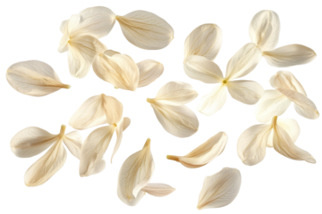 Graceful portrayal of jasmine petals gently drifting in the air, captured in a delicate image with a pristine white backdrop for maximum clarity
