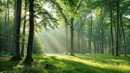 Naklejka premium Green forest glade with sunlight filtering through trees, tree leaves, serene atmosphere, forest floor, forest glade, nature scenery