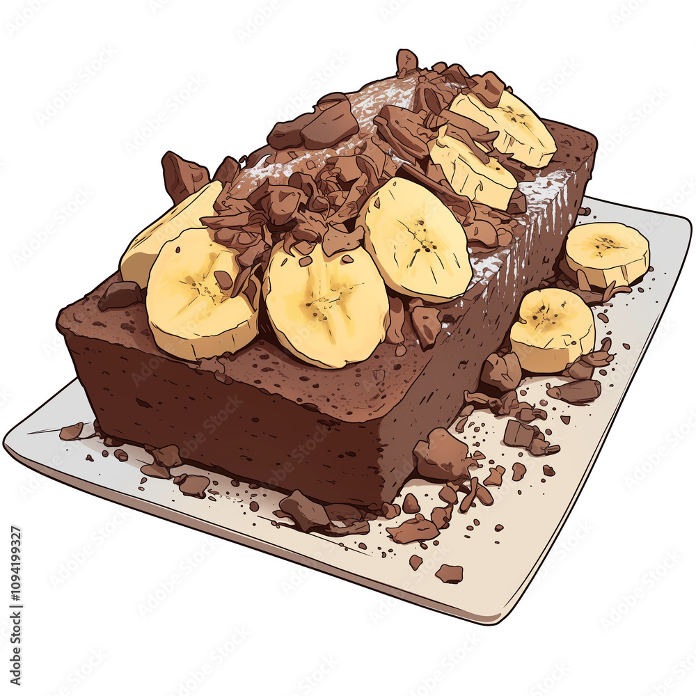 Poster rich chocolate banana bread topped with fresh banana slices and chocolate chunks on white plate, cre