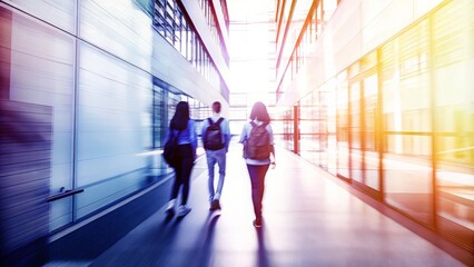 Quiet Hallway Study Blur – Students walking quietly in a less crowded university hallway, with a soft blur.
