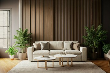 Modern living room with a beige sofa, wooden tables, and a potted plant.