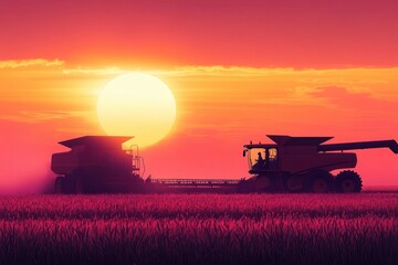 Fototapeta premium Harvesting at sunset. Silhouetted combines working a field at dusk; ideal for agriculture, farming, and rural themes.