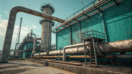 industrial pipes and machinery with grunge texture on teal background, industrial infrastructure, rusted