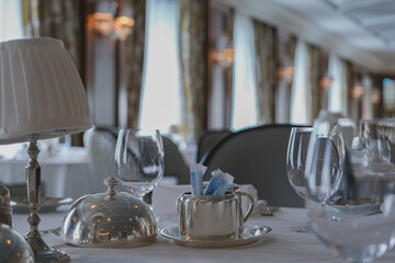 Formal and elegant ocean view dining room restaurant onboard luxury cruiseship or cruise ship liner...
