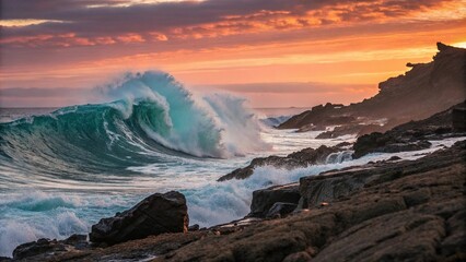 Large wave crashes against a rugged rocky coastline at sunset, rugged landscape, sea and sky, ocean waves