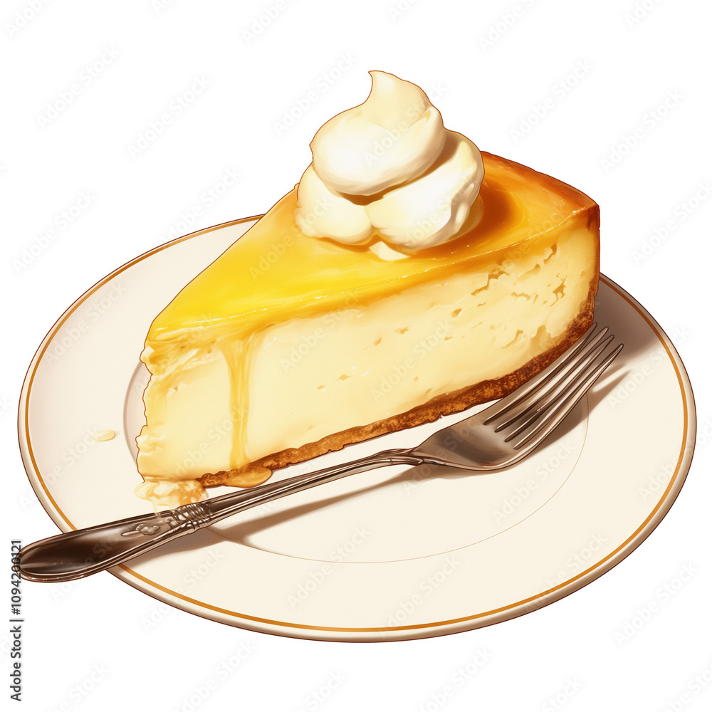 Poster slice of creamy cheesecake topped with dollop of whipped cream sits on white plate with fork, showca