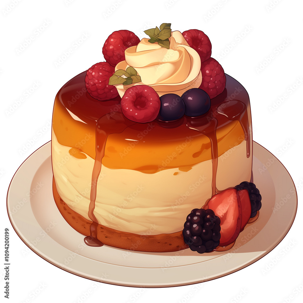 Poster delicious chiffon cake topped with fresh berries and cream, isolated on white background. cake layer