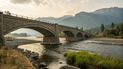 Fototapeta premium Low-arched stone bridge crossing shallow Columbia River, water flow, rustic bridges, serene landscapes, natural materials