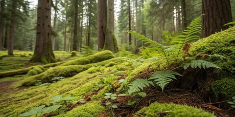 Fototapeta premium Lush forest floor with moss and ferns, plants, earthy