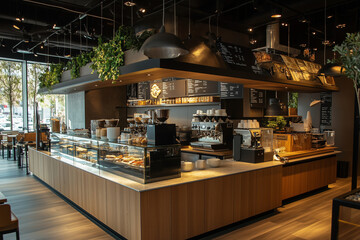 restaurant with a large counter and a lot of tables. The tables are empty. The restaurant has a lot of greenery, including potted plants