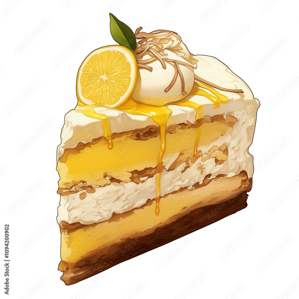 Poster slice of coconut cake with lemon topping and cream, isolated on white. cake features layers of moist sponge, creamy filling, and drizzle of lemon sauce, garnished with coconut flakes