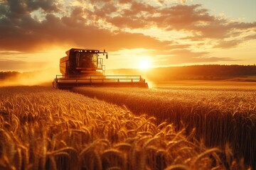 Fototapeta premium Harvesting wheat at sunset. Golden hour image ideal for agriculture, farming, and food industry projects.