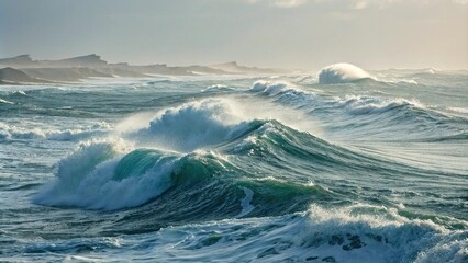 Ocean surface with rolling waves and thick foamy crests creating a sense of movement and energy, wave patterns, foamy waves, beach scene, ocean currents, wave movement