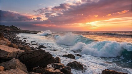 Fototapeta premium Ocean waves crashing on a rocky beach at sunset, warm light, golden sun, rugged coastline, sunset over ocean, ocean rocks