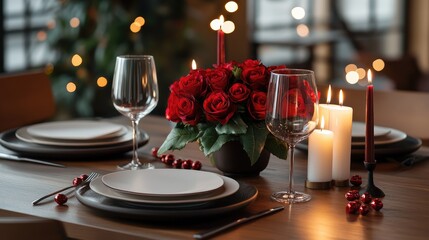 Elegant Table Setting with Red Roses and Candles for Romantic Dinner in a Cozy Atmosphere Surrounded by Soft Lights and Warm Decor