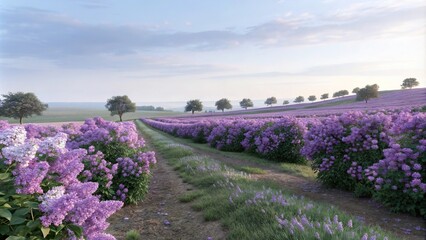 Painting of Lilac Fields with Blooming Flowers, greenery, flower crowns