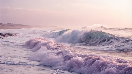 Pastel pink and lavender mist in a wavy textured environment, wavy texture, foggy morning, pastel pink, ethereal atmosphere