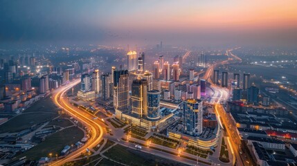 Fototapeta premium Stunning Aerial View of Urban Cityscape at Dusk