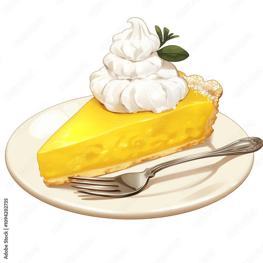 Poster slice of lemon tart with golden crust and creamy filling is topped with whipped cream, served on whi