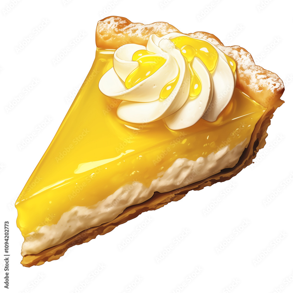Poster slice of lemon tart with creamy topping and golden crust, isolated on white background, showcasing i
