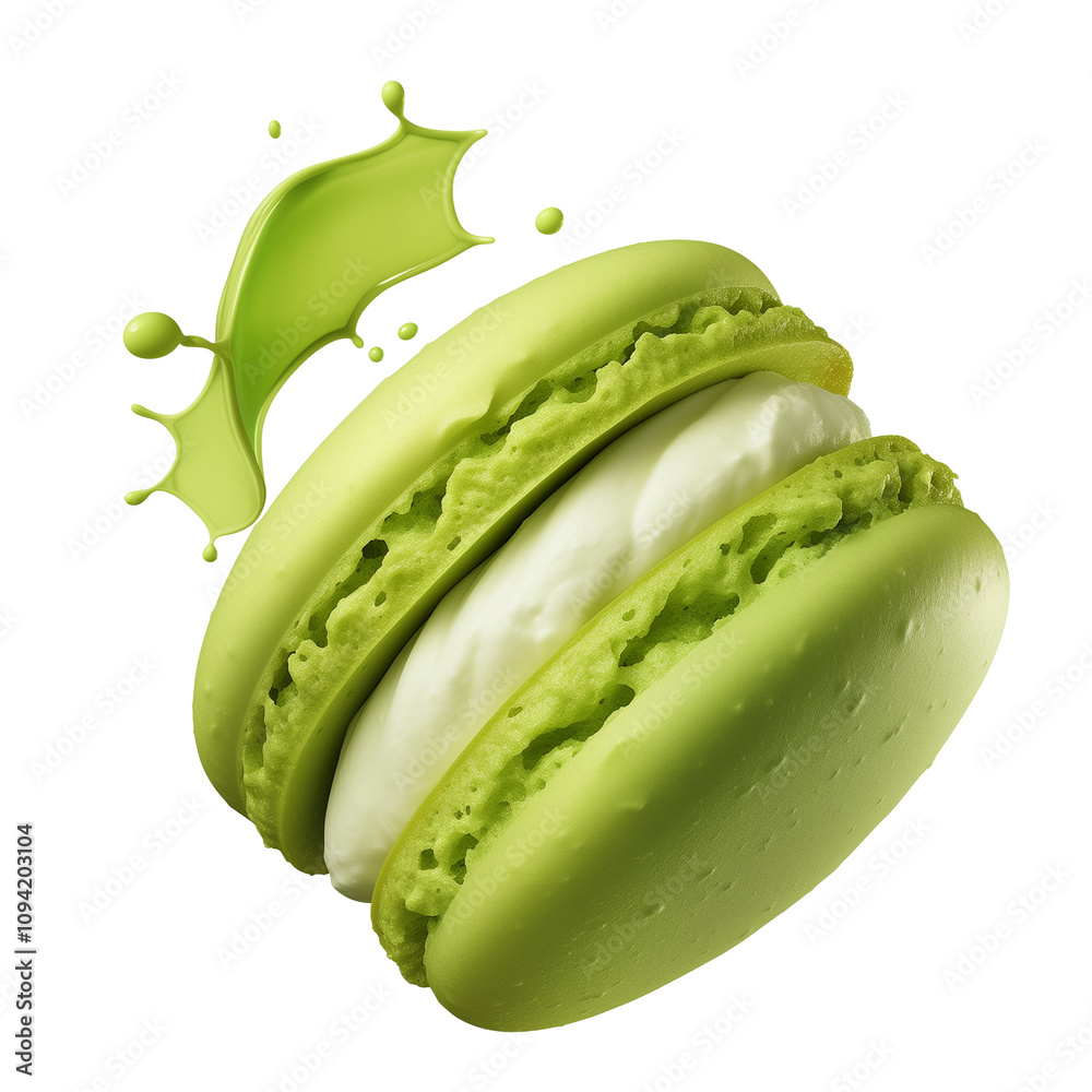 Poster vibrant green matcha macaron with creamy filling, isolated on white background, showcasing splash of matcha flavor. macaron texture and color are highlighted, creating appetizing visual