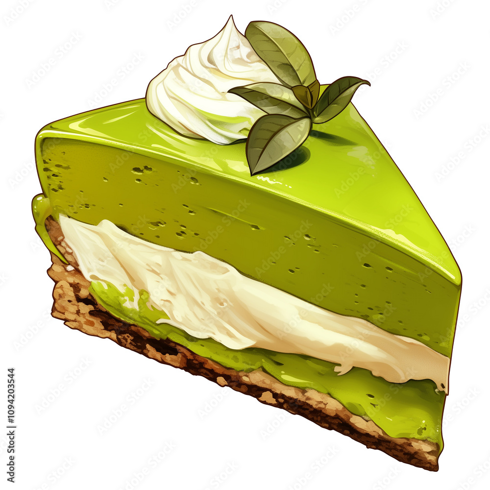 Poster slice of vibrant green pandan cake with creamy layers and decorative leaf on top, isolated on white 
