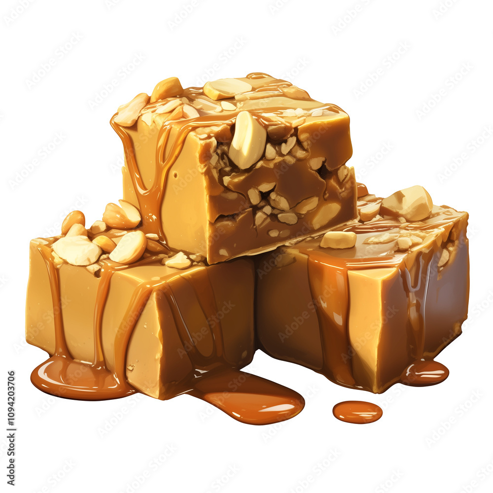 Poster creamy caramel fudge with peanuts stacked on white background, showcasing rich and indulgent treat. 
