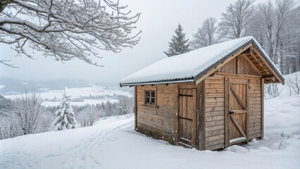 Small wooden shed with heavy snowfall covering its sloping roof and walls, snowy hills, cold, frozen