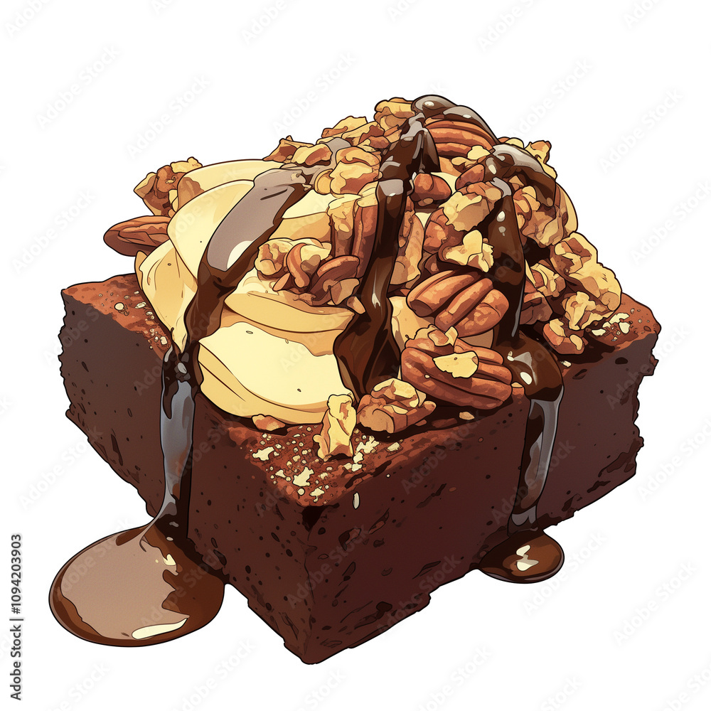 Poster delicious pecan brownie topped with vanilla ice cream and drizzled with chocolate sauce, creating mo