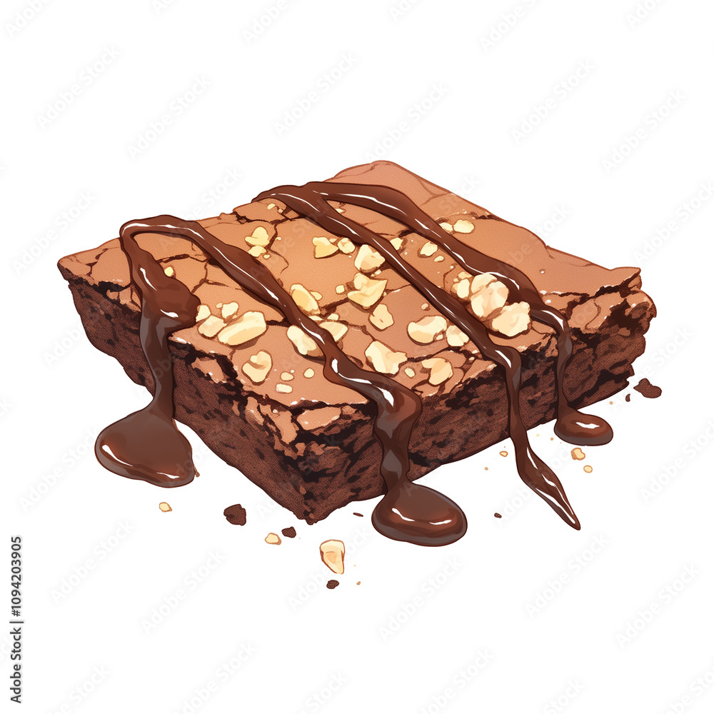 Aufkleber rich pecan brownie topped with chocolate drizzle and nut pieces on white background. decadent desser