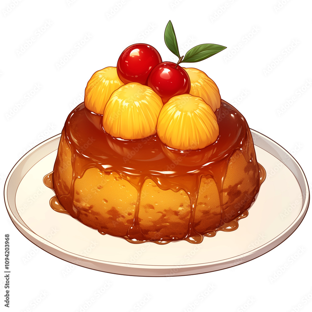 Poster pineapple upside down cake with cherries on top, isolated on white background. cake is moist and top