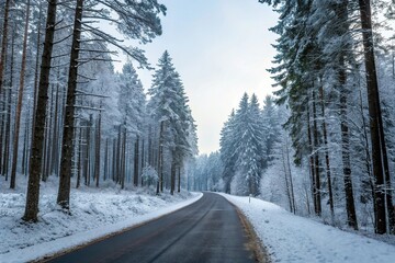 Snowy forest with an asphalt road leading through it, forest scenery, tree branches
