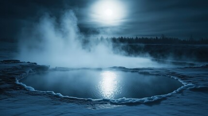 Naklejka premium Mystical geothermal hot spring in moonlit winter landscape