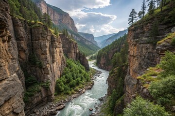 Steep and rocky gorge with a fast flowing river, natural, rugged, scenic