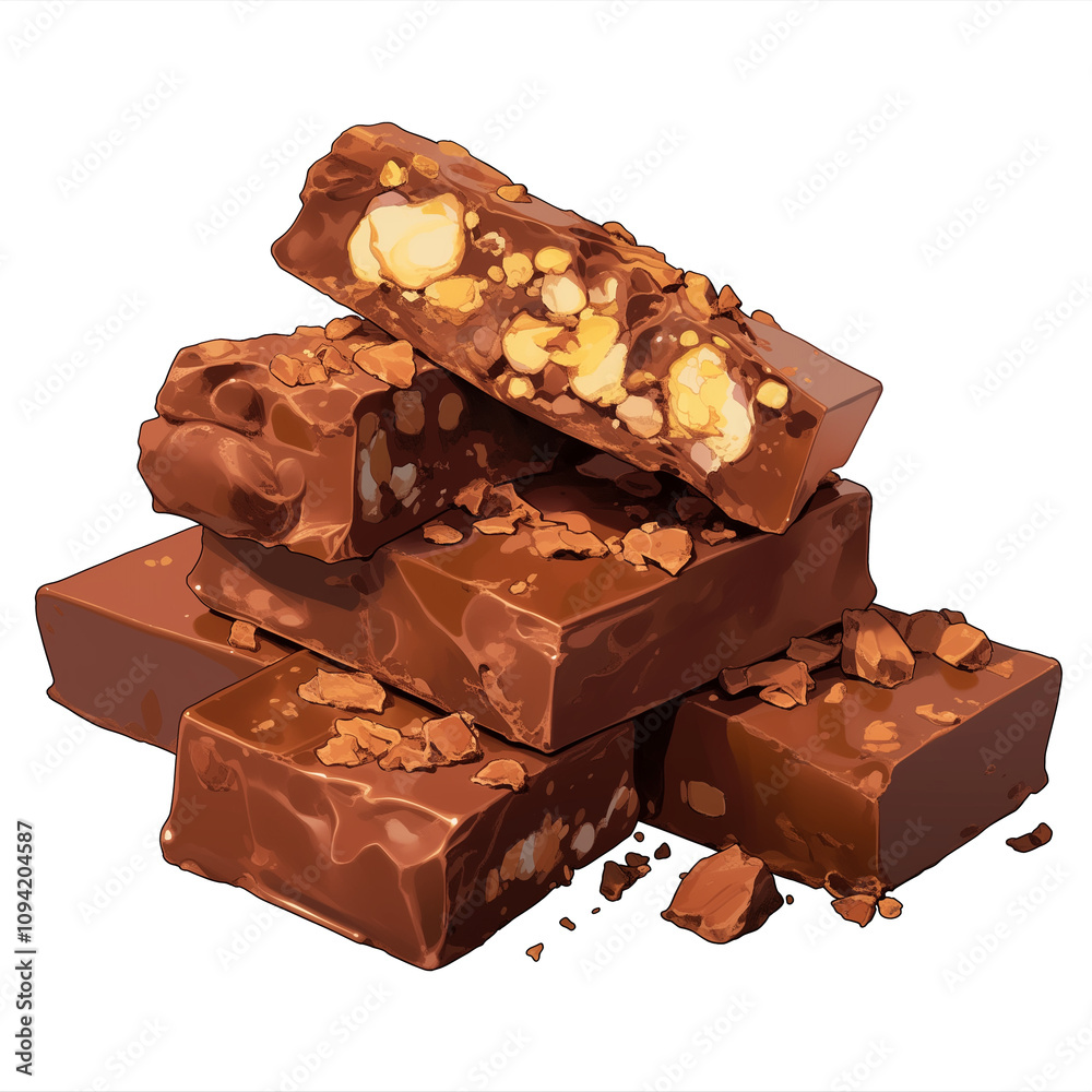 Poster stack of delicious rocky road chocolate bars with nuts and marshmallows, isolated on white backgroun