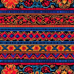 Thai Hill Tribe Textile Motifs with Intricate Line Work, Bold Colors, and Cultural Symbols Creating a Seamless Repeat