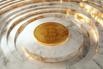 Golden Bitcoin Gold Symbol in the Center of White Marble Circles. 3D Illustration of Golden Bitcoin Gold Logo for Good News and Price Is Up. generative ai