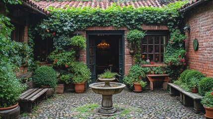 Fototapeta premium Cobblestone Courtyard Oasis