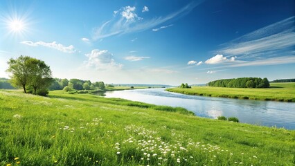 Sunny Day by the River with a Green Field, bright light, nature landscape