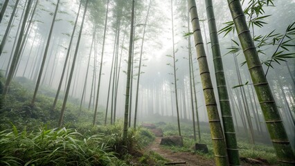 Fototapeta premium Tall bamboo stalks emerging from the foggy forest floor, serene environment, fog, early morning scenery, bamboo, tall plants