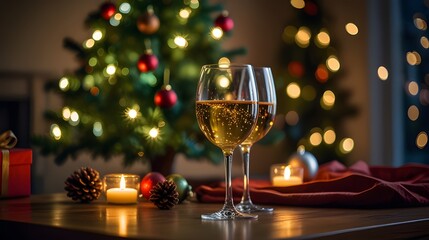 A heartwarming scene of a Christmas toast, with two wine glasses raised near a brightly lit Christmas tree, surrounded by presents and twinkling lights, creating a festive and joyful atmosphere.