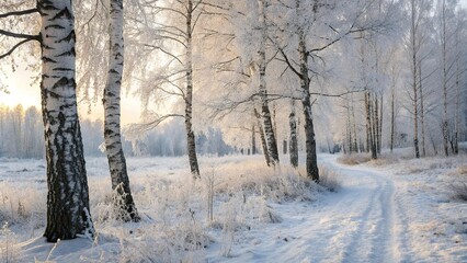 Fototapeta premium The snow-covered ground beneath the birch trees is blanketed with a layer of frost giving the forest floor an ethereal glow, frozen, birch forest, frost, cold weather