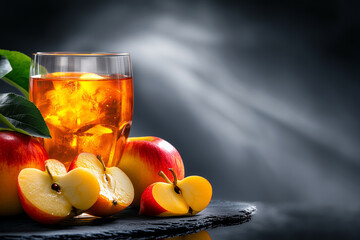Glass of freshly squeezed apple juice and sliced apple wedges on a kitchen table with a dark background...
