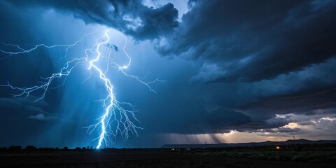 Thunderstorm with Electric Blue Lightning, thunderstorm clouds, dark background, outdoor scene